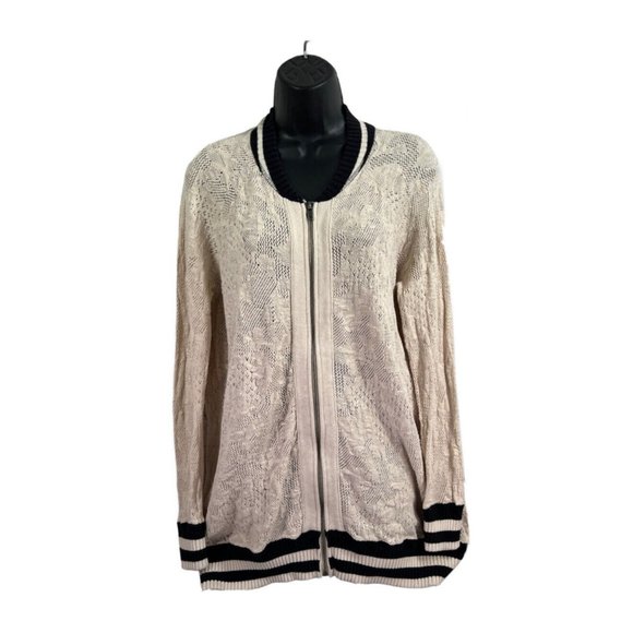 Free People Sweaters - Free People Zip Up Crochet Lace Bomber Jacket Linen Blend Fabric M off white